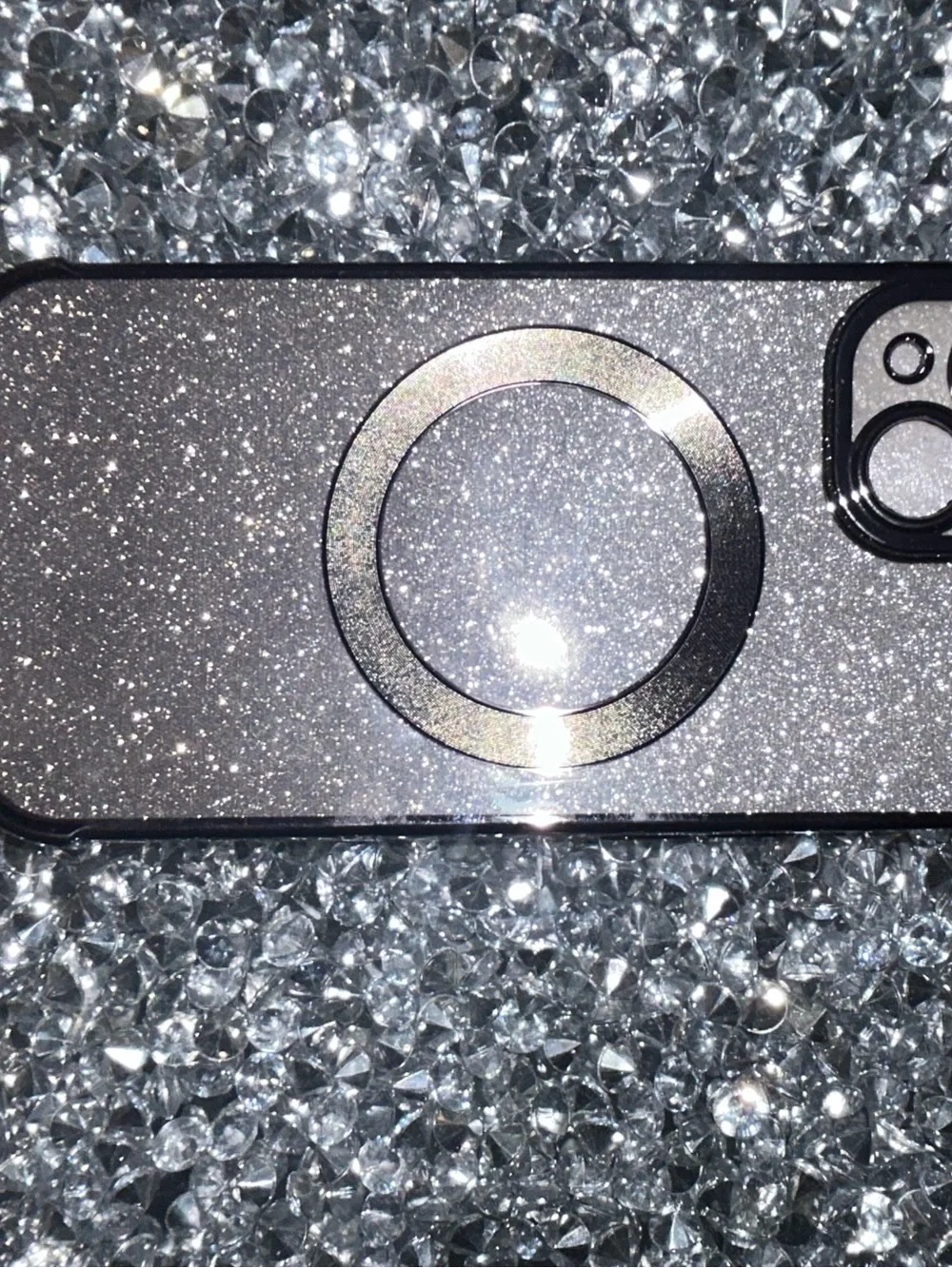 Glitter Silver Magnetic Ring iPhone Case - Clear Black Trim